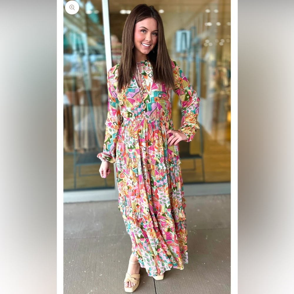 Tolani Pink, Green & Cream Geo-Print Long Sleeve Maxi Dress
